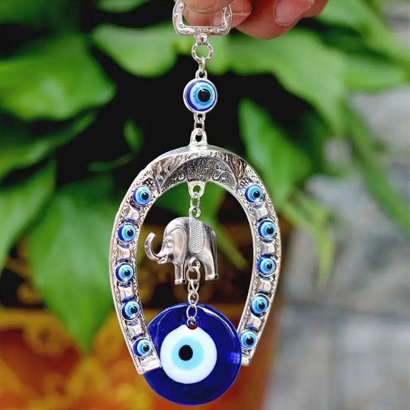 NWT Ornate Silver Metal Elephant🐘 Blue Evil Eye 🧿 Horseshoe Hanging Decoration - Picture 3 of 11
